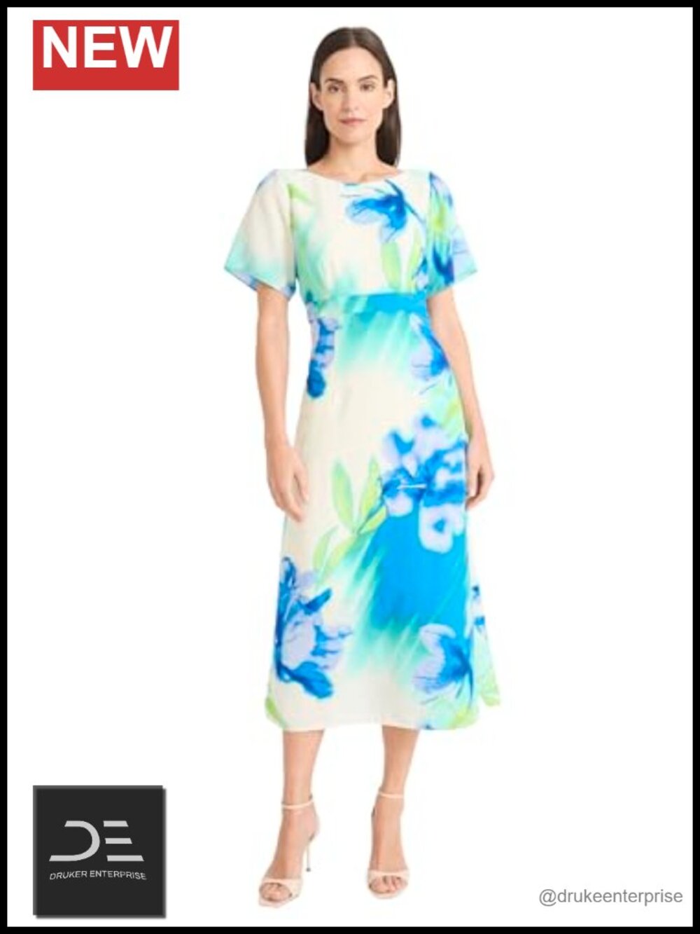 Floral Printed Midi Cocktail Dress Boat Neckline Empire Waist